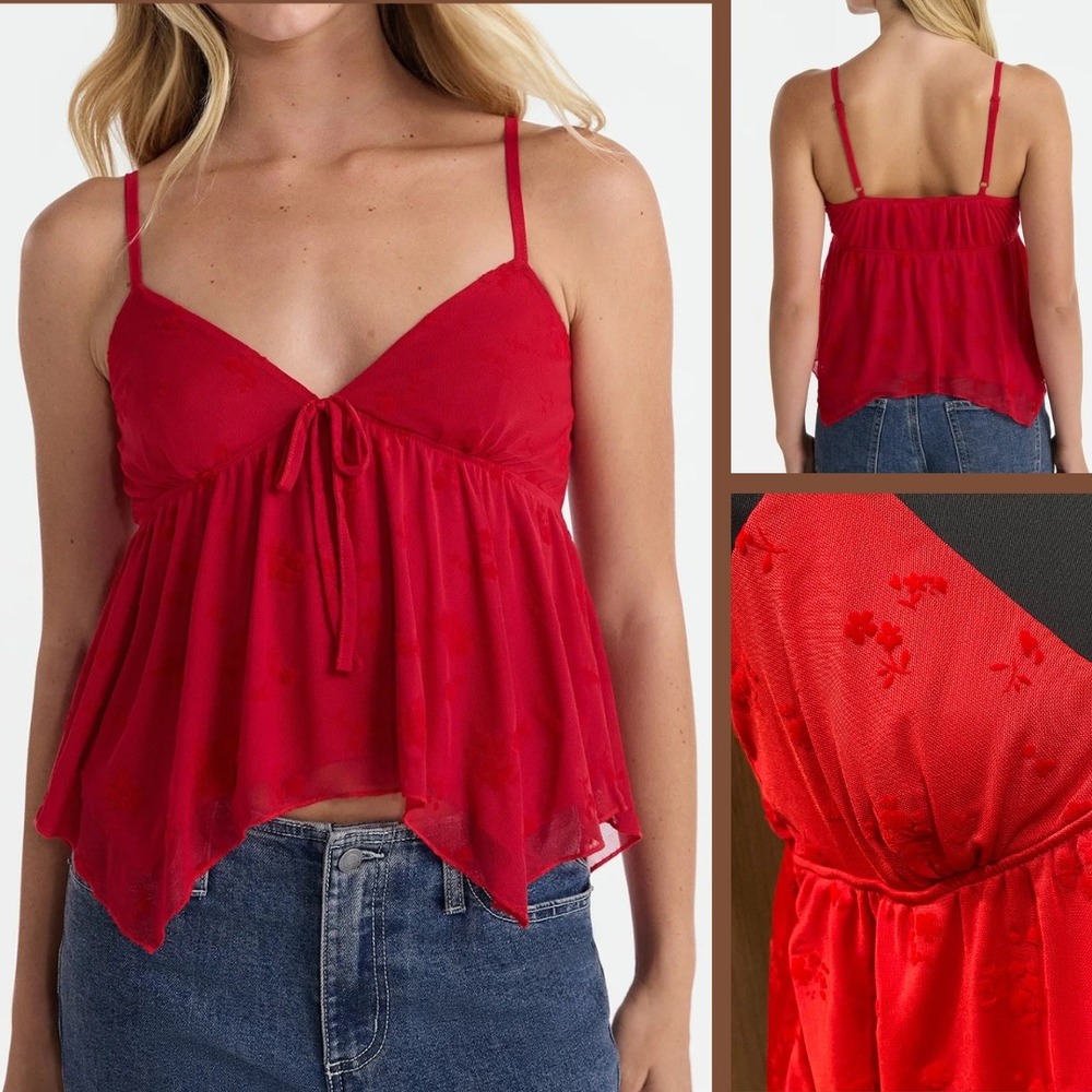 Y2K Babydoll Cami Top Size L Red Asymmetrical Floral Flocked Mesh Coquette Fairy